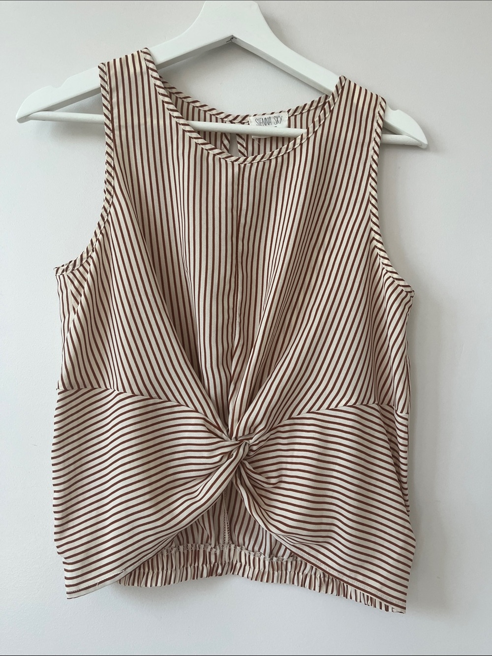 Siena Sky Striped Twist-Front Sleeveless Top - Cream & Brown